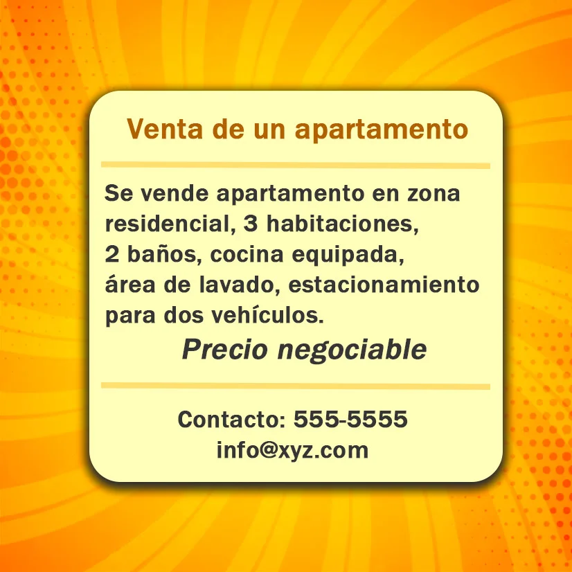 ¿Qué son los anuncios clasificados? Características, partes y 5 ejemplos 4 ejemplo de anuncio clasificado de la venta de un departamento